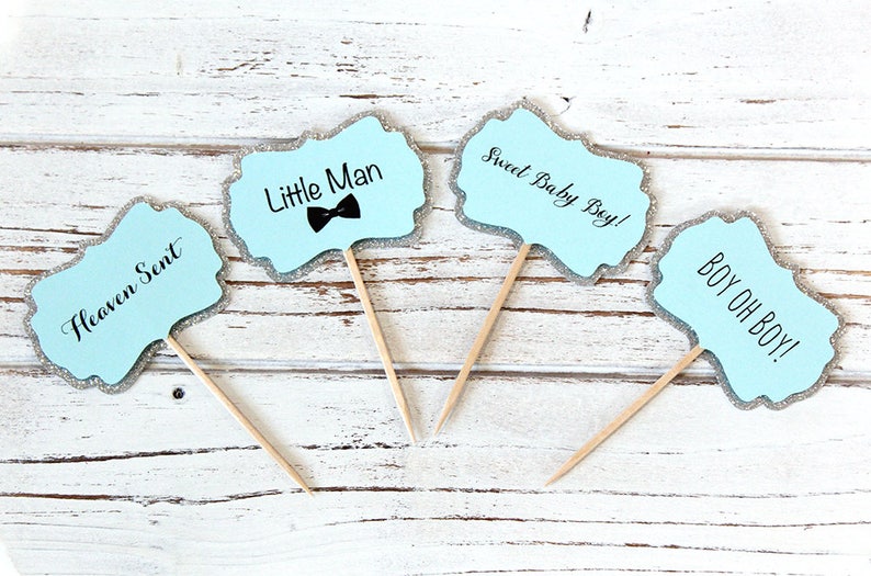 Baby Boy Baby Shower Cupcake Toppers Blue And Silver Etsy