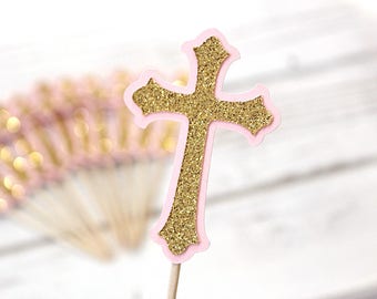 Pink/Gold glitter Cross Cupcake Toppers - Set of 12 - Baptism decorations, first communion, Christening