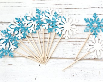 Snowflake Cupcake Toppers - Set of 12 - Christmas Party, Disney Frozen party