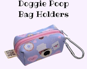 Dispensadores de bolsas para excrementos de perro - Estampado de café y donuts - Dispensador de bolsas para excrementos hecho a mano