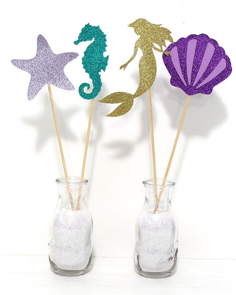 Mermaid tails and Seashells Glitter Centerpiece Sticks Under the sea Set of 4 image 1