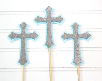 Blue/Silver glitter Cross Centerpiece Sticks (SET OF 3) - Baptism decorations, first communion, Christening