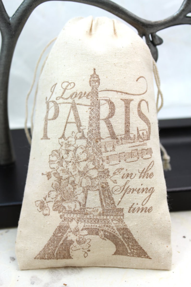 Muslin Favor Bags 4x6 I Love Paris Set of 10 Wedding Favors, shower favors, thank you image 2