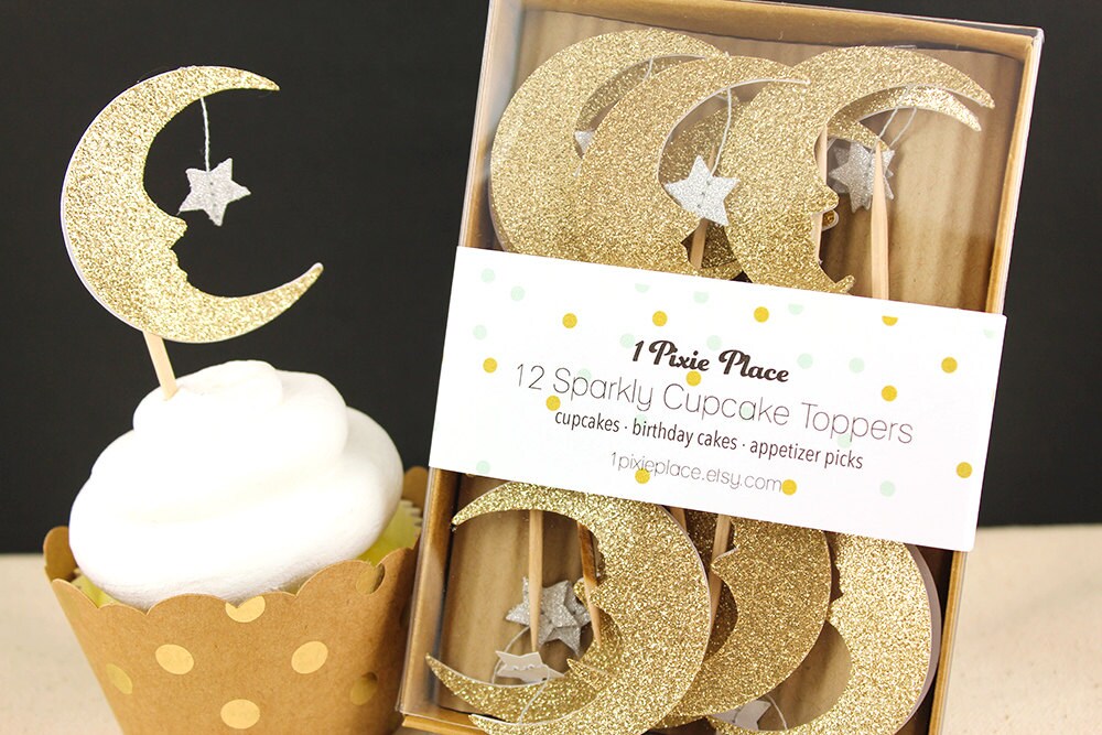 Love you to the moon and back Glitter Cupcake Toppers - Set of 12