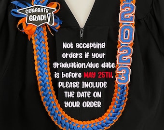 2024 Graduation Leis - Double Braided Ribbon Lei - Class of 2024 - Personalized graduate name, custom school colors - satin ribbon lei