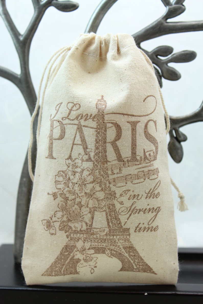 Muslin Favor Bags 4x6 I Love Paris Set of 10 Wedding Favors, shower favors, thank you image 1