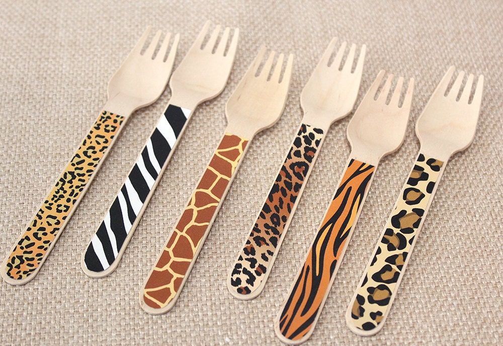 Safari Animal Print Wooden Utensils - Set of 24 (12 Forks and 12 Spoo…