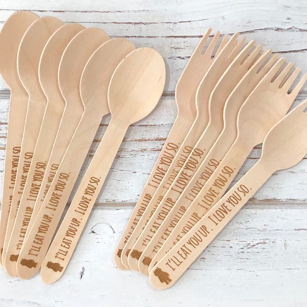 Wild things Wooden Utensils - I'll Eat you up, I love you so! - engraved, disposable wooden utensils - Forks or Spoons