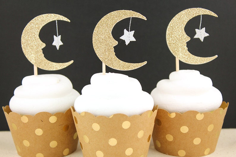 Moon and Star Glitter Cupcake Toppers Set of 12 | Etsy