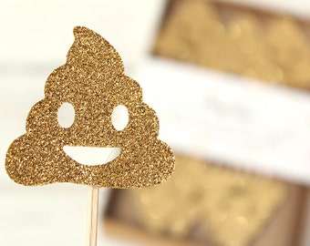 Poop Emoji Gold Glitter Cupcake Toppers - Set of 12