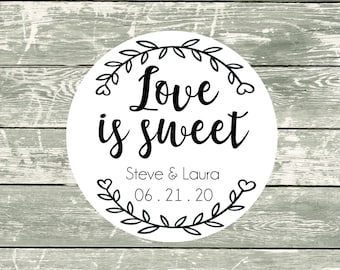 Love is Sweet Personalized Wedding Favor Labels - personalized name and date - Set of 20 - 2" round labels  - cellophane bags available