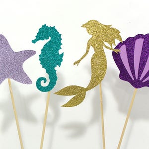 Mermaid tails and Seashells Glitter Centerpiece Sticks Under the sea Set of 4 image 3