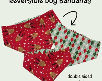 Pañuelo navideño para perros con diseño de renos - Diseños reversibles - Sin nudos - Fácil de poner y quitar