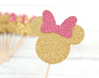 Minnie Mouse Inspired Glitter Cupcake Toppers - Set of 12 - Pink and Gold