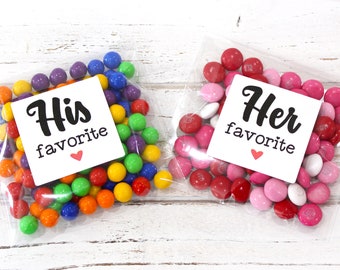 Wedding Favor Labels - His/Her Favorite, Our Favorite - Set of 20 (10 His & 10 her) - 2" round or square labels  - cellophane bags available