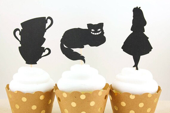 Alice in Wonderland Inspired Tea Party - Glitter Cupcake Toppers - Assorted Set of 12