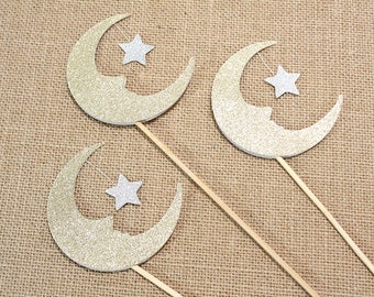 Gold Glitter Moon and Star Centerpiece Sticks - Set of 3
