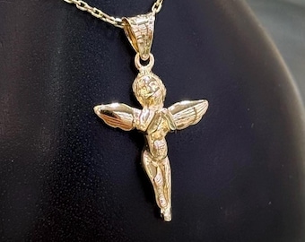 14K Gold Angel Pendant Necklace, Angel Pendant Gold, Guardian Angel Charm, Gift for Her, Minimal Everyday Jewelry, Gold Angel Wings Necklace