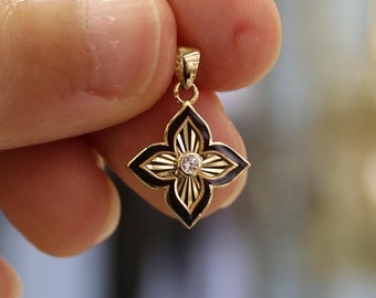 14K Solid Gold Four Leaf Clover Charm Pendant,  Enamel Flower Charm, Clover Necklace, 14k Gold Jewelry, Lucky Gift Jewelry, Gift for Her