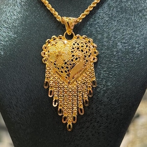 22K Gold Heart Pendant Necklace, Gold Indian Pendant, Indian Style Necklace, 22k Gold Jewelry, Wedding Or Anniversary Gift, 2 MM Rope Chain