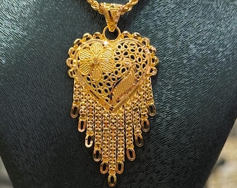 22K Gold Heart Pendant Necklace, Gold Indian Pendant, Indian Style Necklace, 22k Gold Jewelry, Wedding Or Anniversary Gift, 2 MM Rope Chain