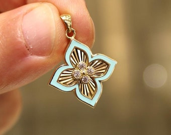 14K Solid Gold Four Leaf Clover Charm Pendant,  Enamel Flower Charm, Clover Necklace, 14k Gold Jewelry, Lucky Gift Jewelry, Gift for Her