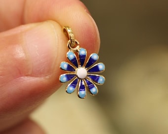 May include: A gold charm in the shape of a flower with blue and white enamel.