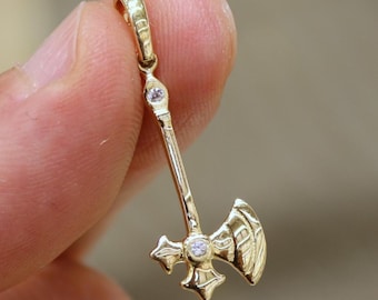 14K Gold Viking Axe Pendant Necklace, Norse Mythology Jewelry, Battle Axe Charm with Zircon, Warrior Jewelry Gift for Him, 14K Axe Necklace