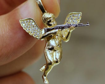 14K Gold Angel Pendant Necklace, AK-47 Angel Pendant Gold, Guardian Angel Charm, Gift for Her, Everyday Jewelry, Gold Angel Wings Necklace