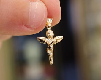14K Gold Angel Pendant Necklace, Angel Pendant Gold, Guardian Angel Charm, Gift for Her, Minimal Everyday Jewelry, Gold Angel Wings Necklace