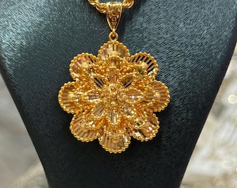 22K Gold Flower Pendant Necklace, Gold Dorica Pendant, Solid Gold Necklace, 22k Gold Jewelry, Wedding Or Anniversary Gift, 3 MM Rope Chain