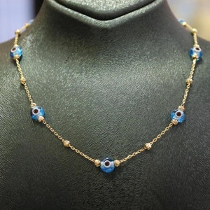 14k Gold Evil Eye Necklace, Evil Eye Pendant, Dorica Evil Eye Chain, 14k Gold Jewelry, Gift for Her, Blue Eye Necklace, Evil Eye Bead Chain