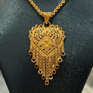 22K Gold Heart Pendant Necklace, Gold Indian Pendant, Indian Style Necklace, 22k Gold Jewelry, Wedding Or Anniversary Gift, 2 MM Rope Chain