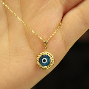 14k Gold Evil Eye Pendant, 14k Gold Evil Eye Protection Necklace, Gold Pendant, Minimalist Necklace, Gift for Her, Blue Eye Charm, Jewelry