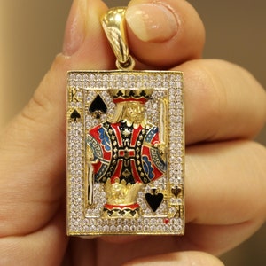 Collier chaîne boîte roi de pique en or 14 carats, bijoux de casino, cadeau pour amateurs de jeux d'argent, amateur de poker, pendentif cartes à jouer roi, collier de poker