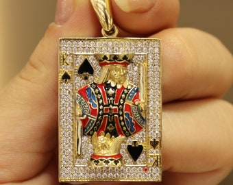 14K Gold King of Spades Box Chain Necklace, Casino Jewelry, Gambling Lovers Gift, Poker Lover, King Playing Card Pendant, Poker Necklace