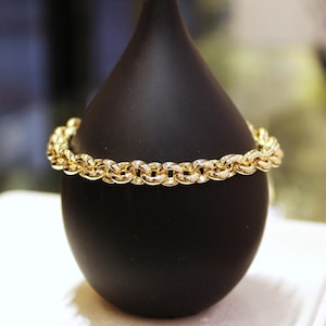 14k Gold Rolo Chain Bracelet, 7.50 mm Rolo Chain, Gold Thick Shiny Round Link, Rolo Charm Link , Gold Chain Link Bracelet, 14k Gold Bracelet