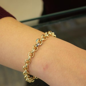 14k Gold Rolo Chain Bracelet, 6.80 mm Chain, Gold Thick Shiny Round Link, Rolo Charm Link , Women Gold Stacking Bracelet, 14k Gold Jewelry