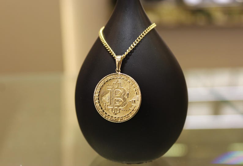 14K Solid Gold Bitcoin Necklace, Btc Coin, Bitcoin Pendant, Bitcoin ...