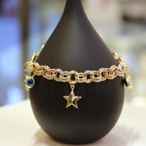 14k Gold Rolo Chain Bracelet, 7.20 mm Chain, Gold Rolo Chain with Charms, Rolo Charm Link , Women Gold Stacking Bracelet, 14k Gold Bracelet