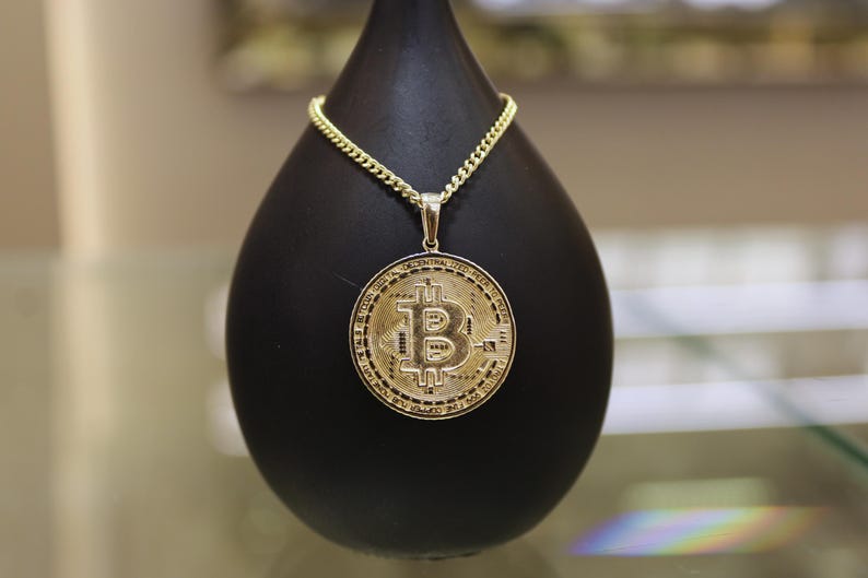 14K Solid Gold Bitcoin Necklace, Btc Coin, Bitcoin Pendant, Bitcoin ...
