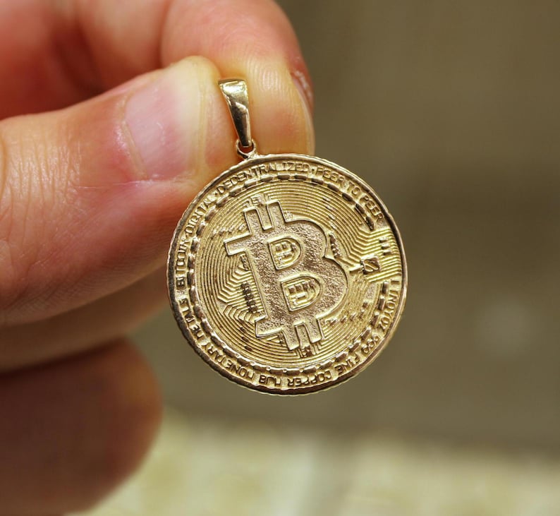 14K Solid Gold Bitcoin Necklace, Btc Coin, Bitcoin Pendant, Bitcoin ...