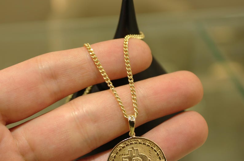 14K Solid Gold Bitcoin Necklace, Btc Coin, Bitcoin Pendant, Bitcoin ...