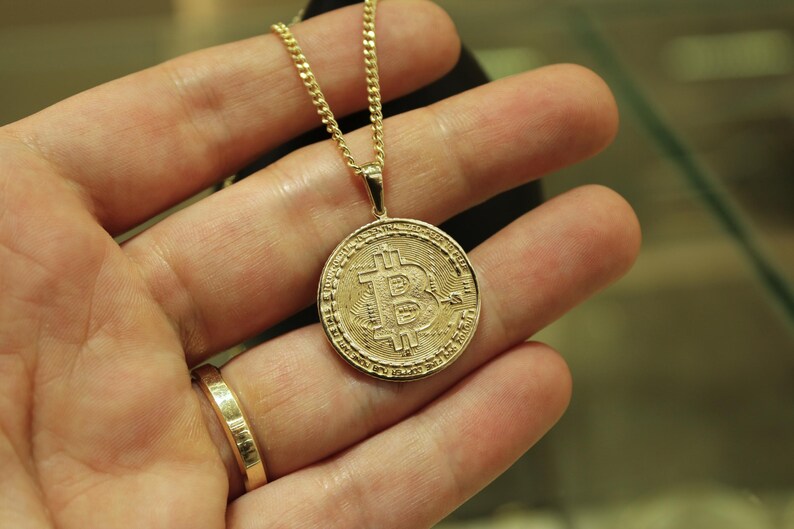 14K Solid Gold Bitcoin Necklace, Btc Coin, Bitcoin Pendant, Bitcoin ...