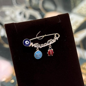 14K Gold Baby Safety Pin with Evil Eye and Ladybug Charm, Masallah for Baby, Protection Baby Gift, Newborn Gold Jewelry, Gift for Newborn