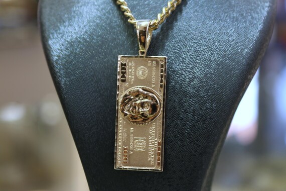 14K Solid Gold 100 Dollar Pendant, 14K 100 Dollar Bill Necklace