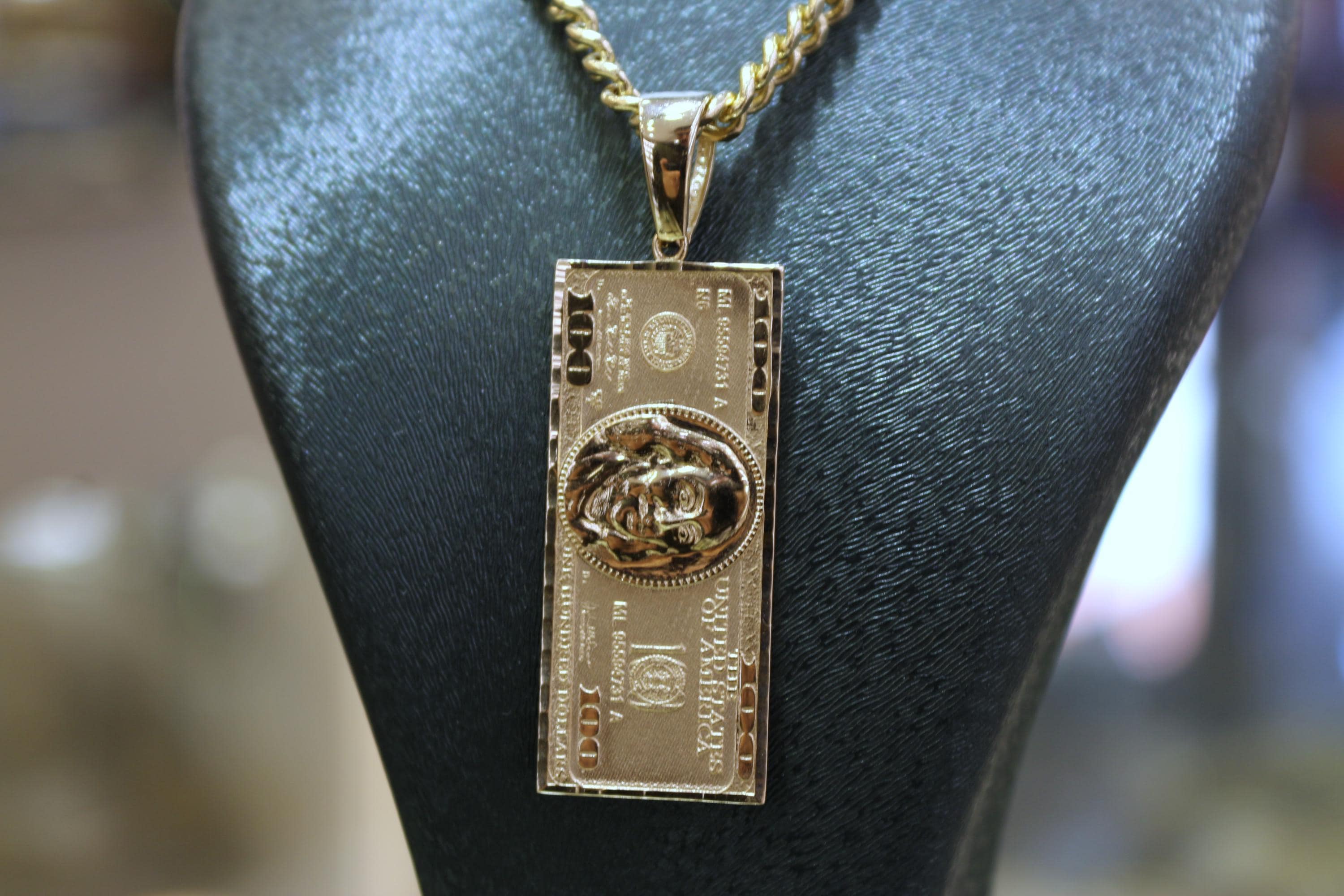 14K Solid Gold 100 Dollar Pendant, 14K 100 Dollar Bill Necklace
