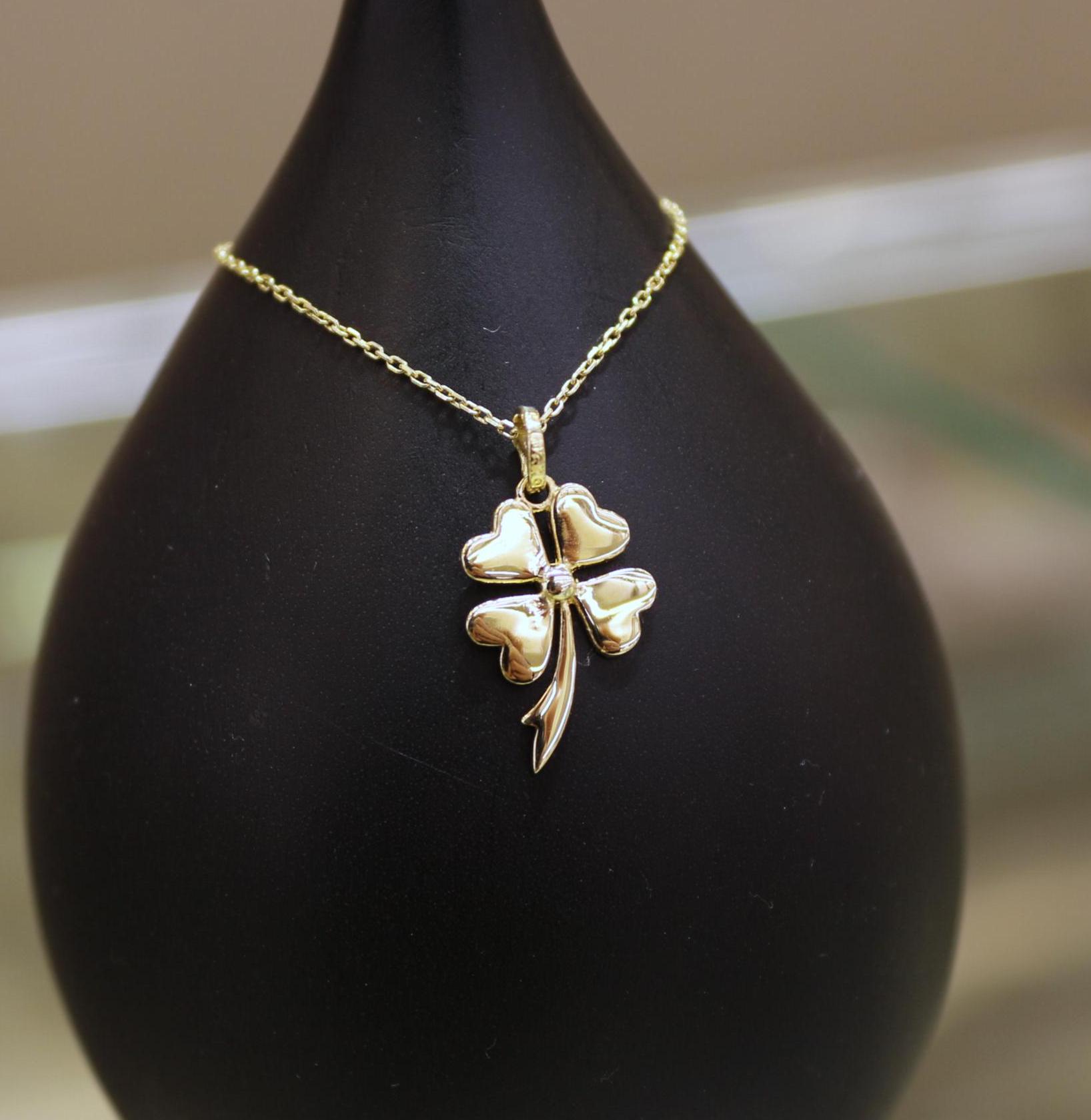 14K Solid Gold Four Leaf Clover Charm Pendant, Lucky Clover