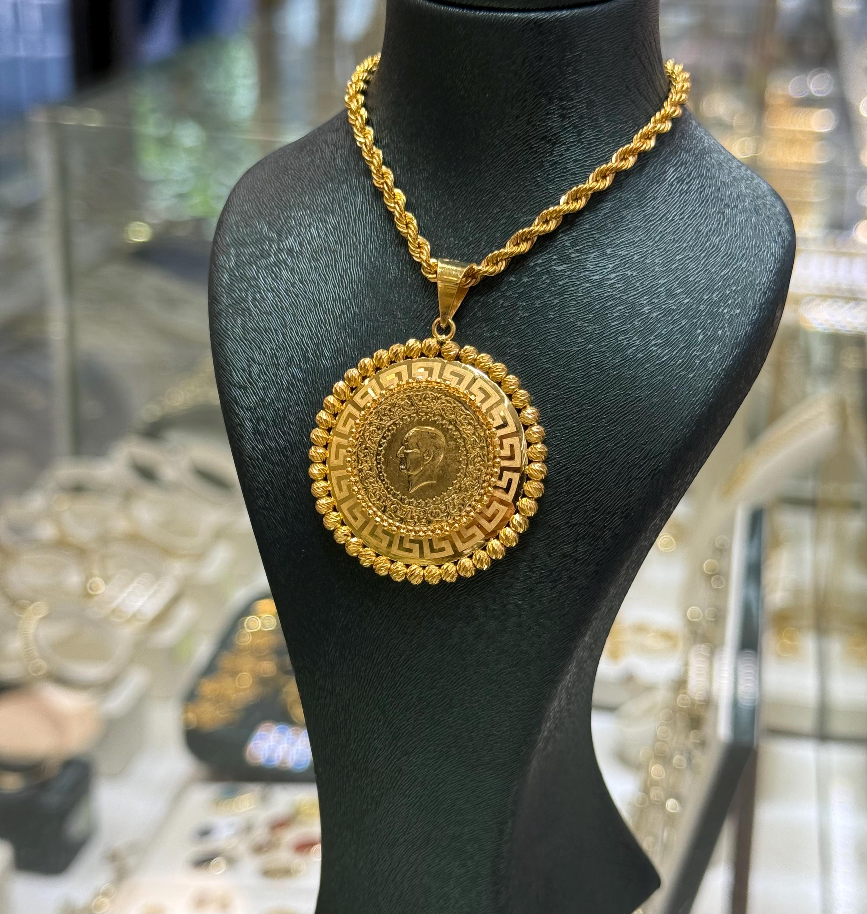 22K Gold Turkish Coin Pendant Necklace, 3 mm Rope Chain, Dorica Frame, 22K Gold Jewelry, Wedding Gift, Wedding Jewelry, 22K Yarım Altın