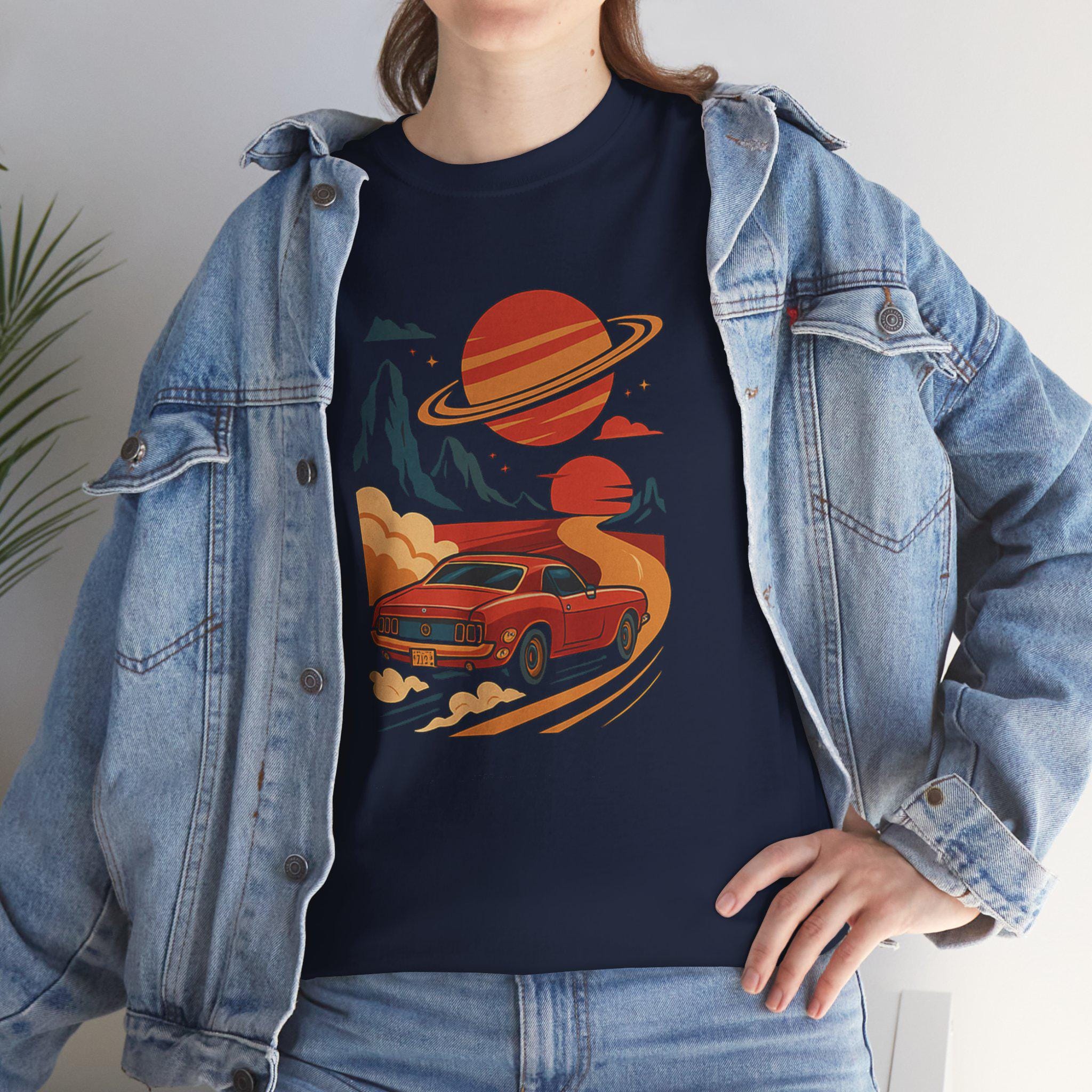 Retro Car & Planet Unisex Heavy Cotton Tee, Cosmic Adventure Tee, Vintage Space Shirt, Road Trip T-Shirt, Gift for Him/Her, Casual Wear